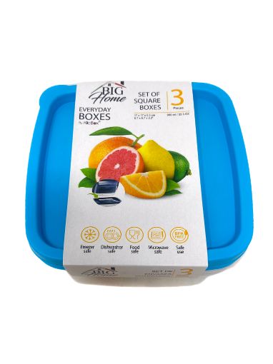 Imagen de SET DE RECIPIENTES BIG HOME PARA ALIMENTOS DE PLÁSTICO 3 PIEZAS CUADRADO 990 ML #BG-TLT-016 UND