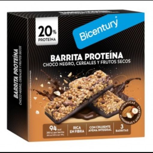 Imagen de BARRA DE CEREAL BICENTURY CHOCOLATE NEGRO Y FRUTOS SECOS CON PROTEÍNA 3 UND 72 G